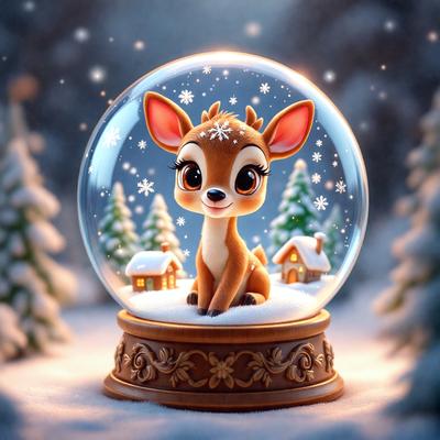 Primary subject: A snow globe featuring a deer.

Setting/background: The snow globe is placed on a table.

Visual style: The image is a digital art illustration.

Colors and mood: The colors are predominantly white and brown, giving the scene a warm and cozy atmosphere.